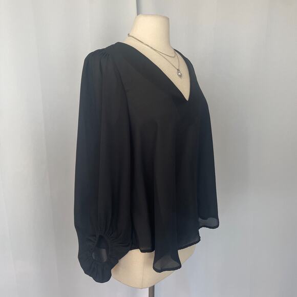 Flowy Blouse Top Size Small Black Solid Sheer Chiffon Peasant Minimal Office - Picture 4 of 13